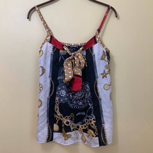 Express Tops - Express || Graphic Print White Gold Black Chains Jewelry Bow Y2K Camisole XS